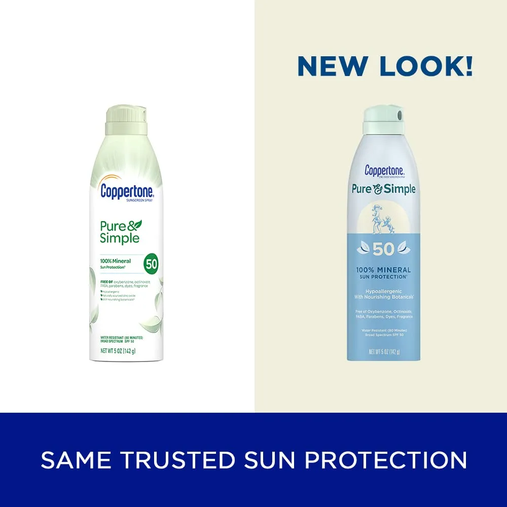 Coppertone Pure and Simple Zinc Oxide Mineral Sunscreen Spray SPF 50, Water Resistant, Broad Spectrum SPF 50 Sunscreen for Sensitive Skin, 5 Oz Spray