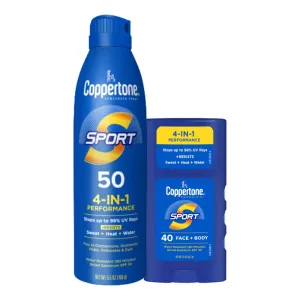 Coppertone Sport Sunscreen Spray SPF 50 (5.5 Oz)   Sport Sunscreen Stick SPF 40 for Body and Face (1.5 Oz), Water Resistant