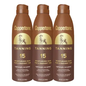 Coppertone Tanning Sunscreen Spray with Broad Spectrum SPF 15, Water Resistant Spray Sunscreen, Lightweight and Non-Greasy, 5.5 Oz, Pack of 3