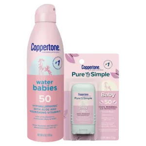 Coppertone WaterBabies Baby Sunscreen Spray SPF 50 (6 Oz)   Pure and Simple Baby Sunscreen Stick SPF 50, Tear Free (0.49 Oz), Hypoallergenic