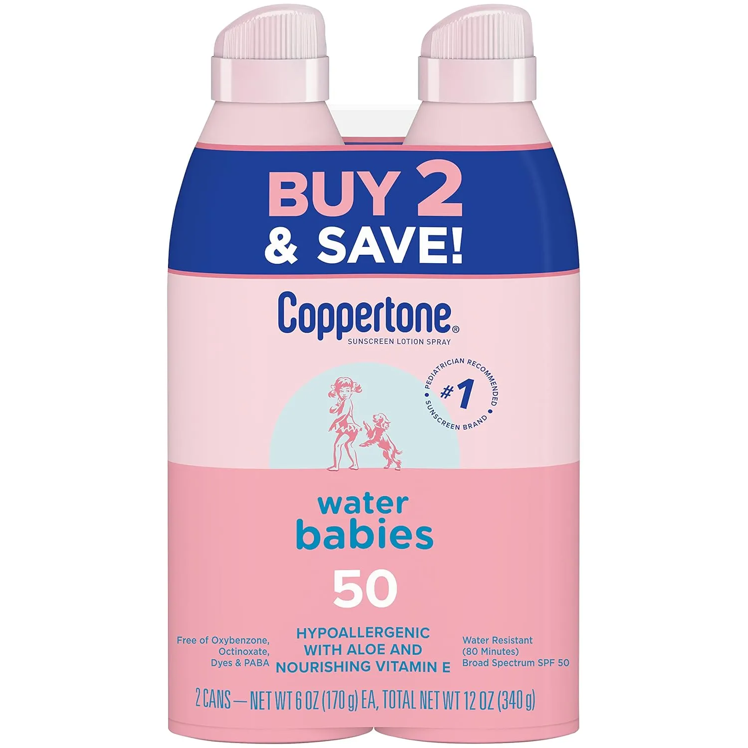 Coppertone WaterBabies Sunscreen Spray SPF 50, Baby Gifts for New Moms, Spray On Sunscreen for Babies, Water Resistant, Pediatrician Recommended, 6 Oz, Pack of 2