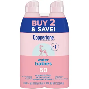 Coppertone WaterBabies Sunscreen Spray SPF 50, Baby Gifts for New Moms, Spray On Sunscreen for Babies, Water Resistant, Pediatrician Recommended, 6 Oz, Pack of 2