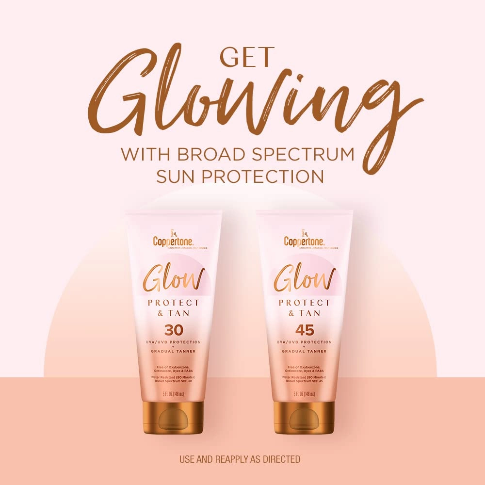 Coppertone Glow Protect and Tan Sunscreen Lotion   Gradual Self Tanner, SPF 45 Sunscreen, 5 Fl Oz Tube