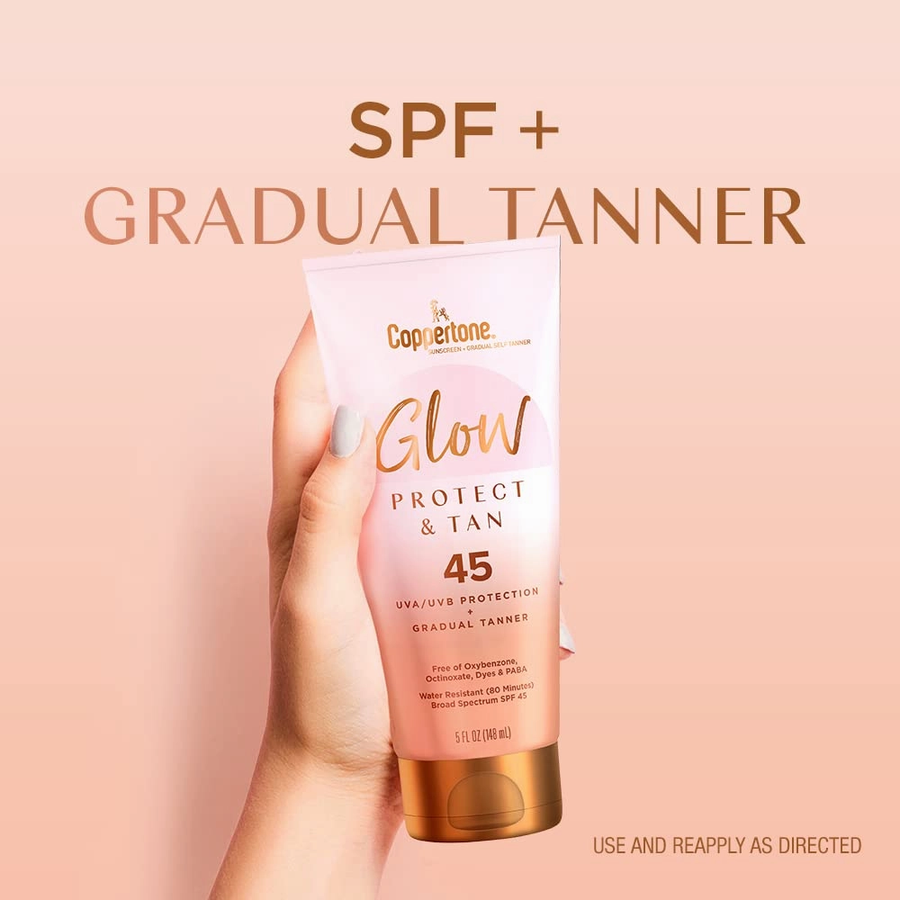Coppertone Glow Protect and Tan Sunscreen Lotion   Gradual Self Tanner, SPF 45 Sunscreen, 5 Fl Oz Tube