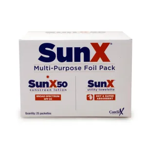 CoreTex Sun X 50 Broad Spectrum Sunscreen Packets & Dry Towels Duo Kit - Pack of 25 Paraben, Oxybenzone, Octinoxate, & Oil Free Sunscreen - No White Cast and Water & Sweat Resistant Up to 80 Minutes