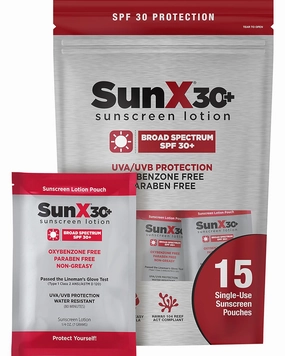 CoreTex Sun X 30  SPF Broad Spectrum Sunscreen Packets with Resealable Travel Bag - Pack of 15 Paraben, Oxybenzone, Octinoxate, & Oil Free Sunscreen - Water & Sweat Resistant Up to 80 Minutes