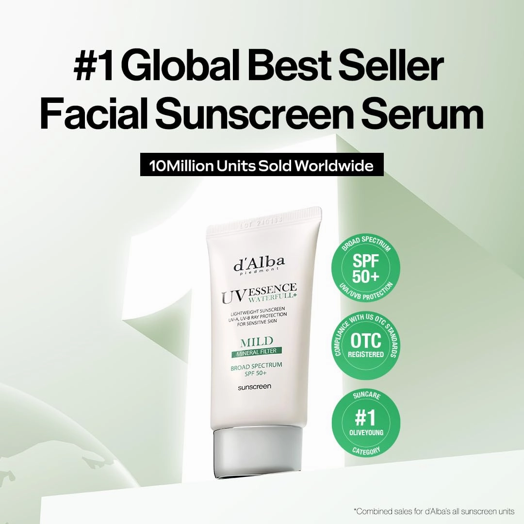 d'alba Piedmont Italian White Truffle Waterfull Mild Sunscreen, Vegan, Mineral Sunscreen, BROAD SPECTRUM SPF 50  Non-Nano Suitable for Sensitive Skin, Korean Skin Care (1.69 fl. oz)