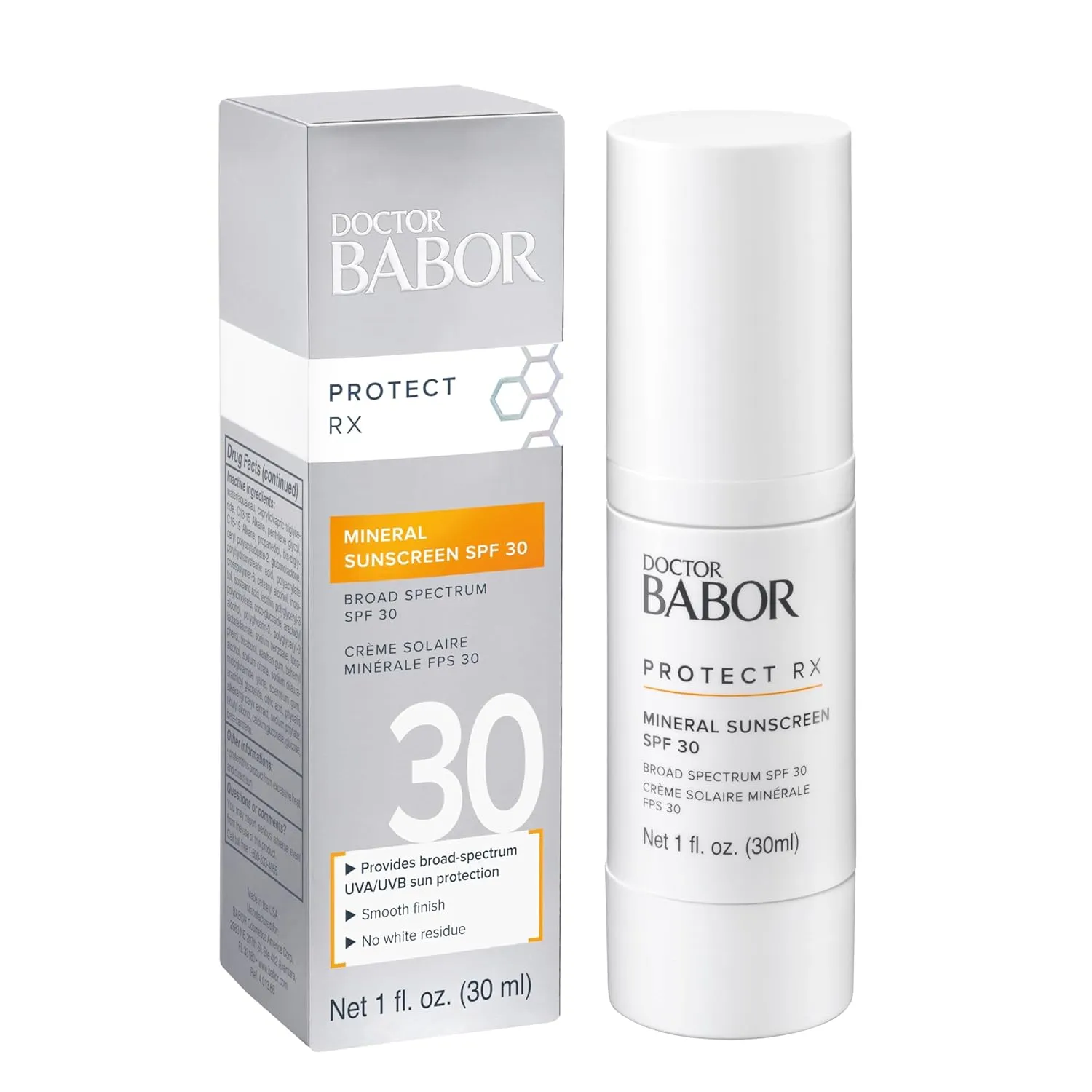 DOCTOR BABOR Protect Rx Mineral Face Sunscreen SPF 30, Physical Protection with No White Cast, Non Tinted Sheer Mineral Coverage for Anti Aging and Wrinkle Defense, Moisturizing Under Makeup, 1 oz.