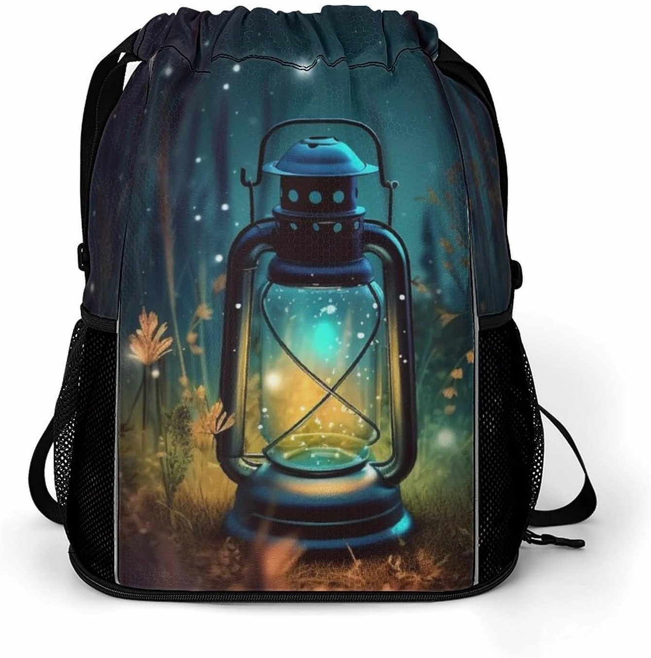 Drawstring Backpack Sports Gym Bag with Zipper Fireflies And Lantern Waterproof Sackpack Large String Bag for Yoga Beach