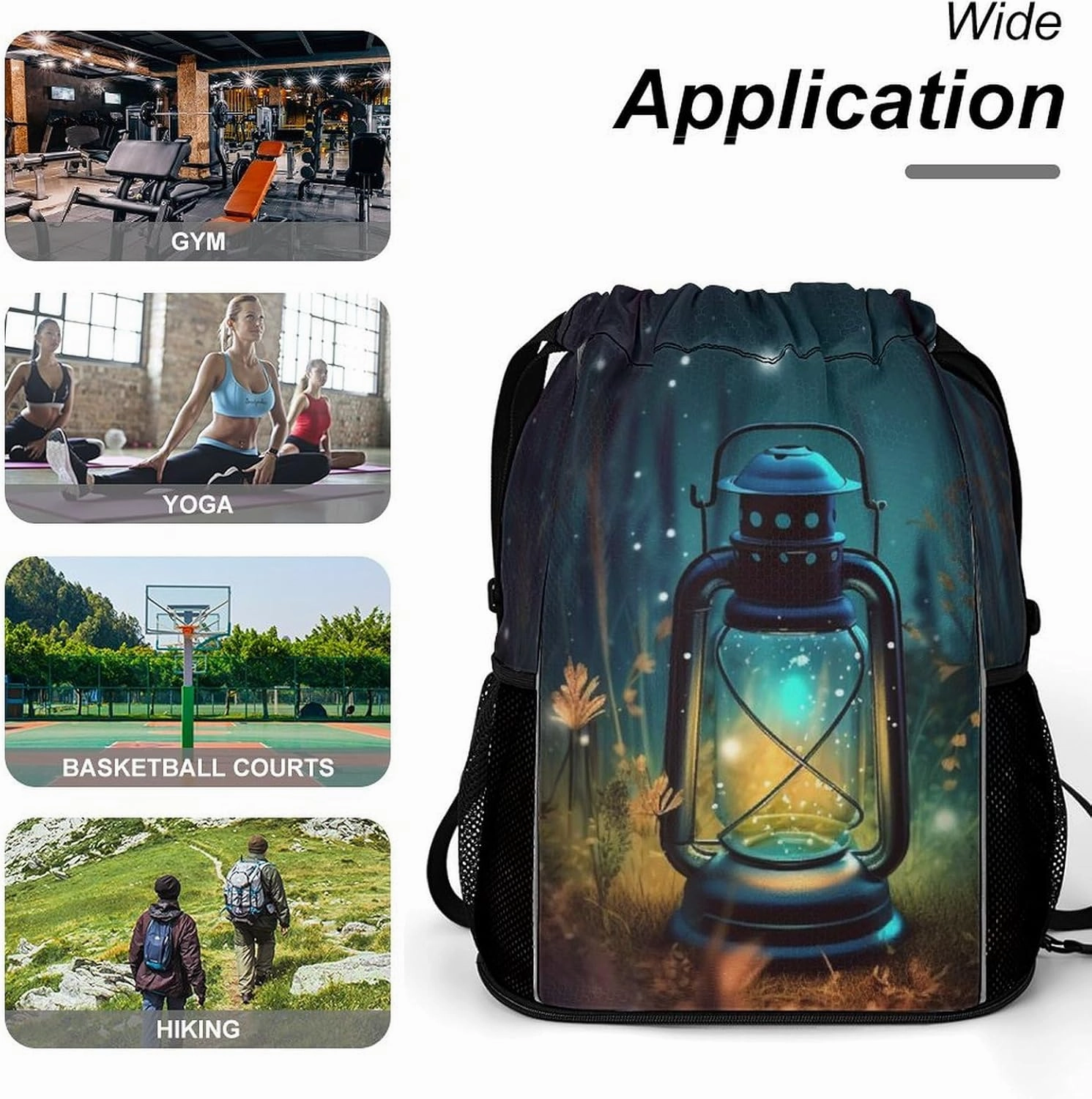 Drawstring Backpack Sports Gym Bag with Zipper Fireflies And Lantern Waterproof Sackpack Large String Bag for Yoga Beach