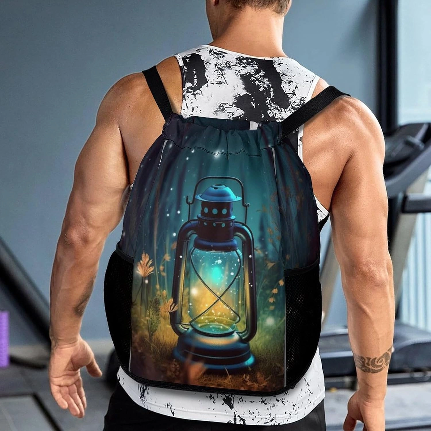 Drawstring Backpack Sports Gym Bag with Zipper Fireflies And Lantern Waterproof Sackpack Large String Bag for Yoga Beach