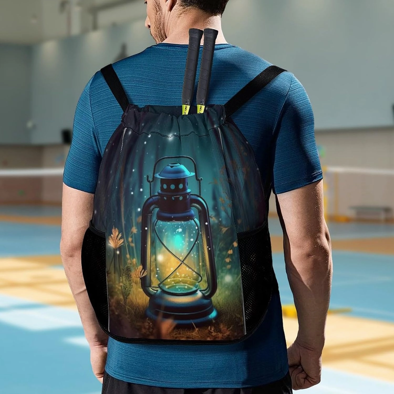 Drawstring Backpack Sports Gym Bag with Zipper Fireflies And Lantern Waterproof Sackpack Large String Bag for Yoga Beach
