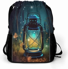 Drawstring Backpack Sports Gym Bag with Zipper Fireflies And Lantern Waterproof Sackpack Large String Bag for Yoga Beach