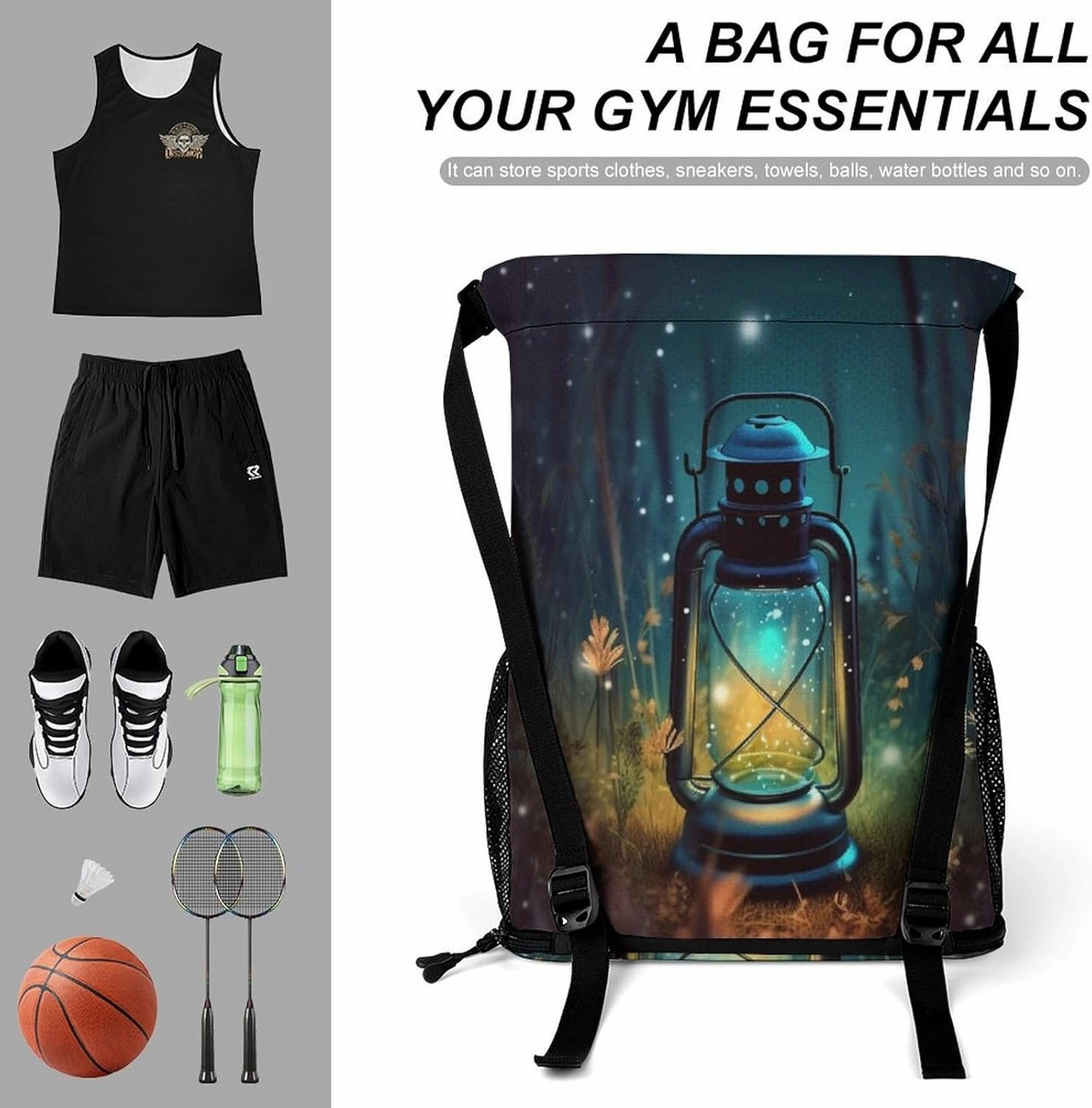 Drawstring Backpack Sports Gym Bag with Zipper Fireflies And Lantern Waterproof Sackpack Large String Bag for Yoga Beach