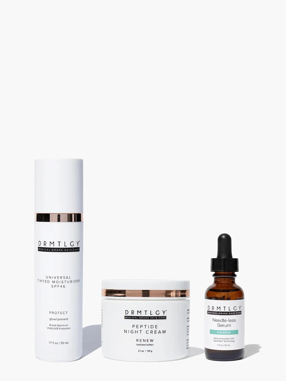DRMTLGY Anti-Aging Trio: Needle-less Serum, Tinted Moisturizer with SPF 46, & Peptide Night Cream