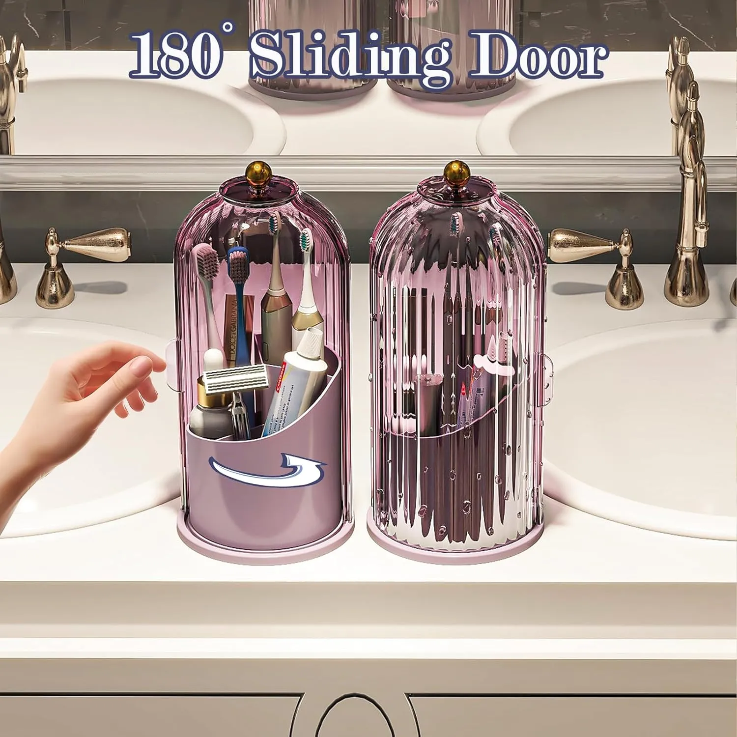 Dustproof Toothbrush Holders with Cover, Rotating Electric Toothbrush and Toothpaste Holder for Bathroom Countertop, 3 Slots Makeup Brushes Organizer, All Pink