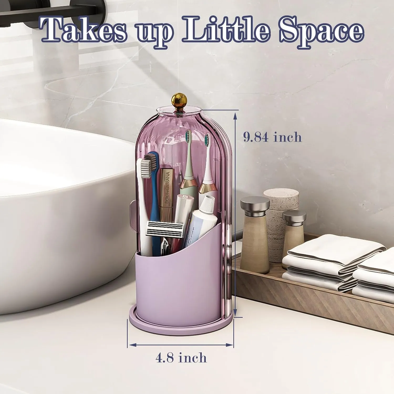 Dustproof Toothbrush Holders with Cover, Rotating Electric Toothbrush and Toothpaste Holder for Bathroom Countertop, 3 Slots Makeup Brushes Organizer, All Pink