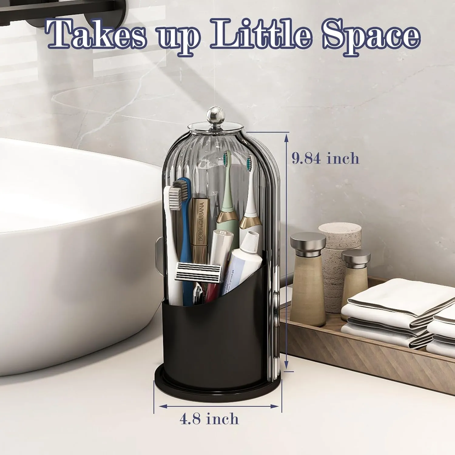 Dustproof Toothbrush Holders with Cover, Rotating Electric Toothbrush and Toothpaste Holder for Bathroom Countertop, 3 Slots Makeup Brushes Organizer, Grey Black