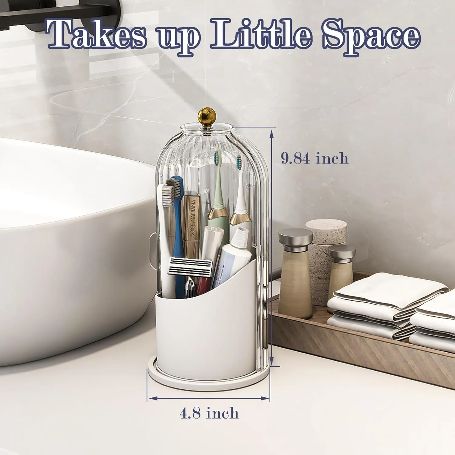 Dustproof Toothbrush Holders with Cover, Rotating Electric Toothbrush and Toothpaste Holder for Bathroom Countertop, 3 Slots Makeup Brushes Organizer, Transparent