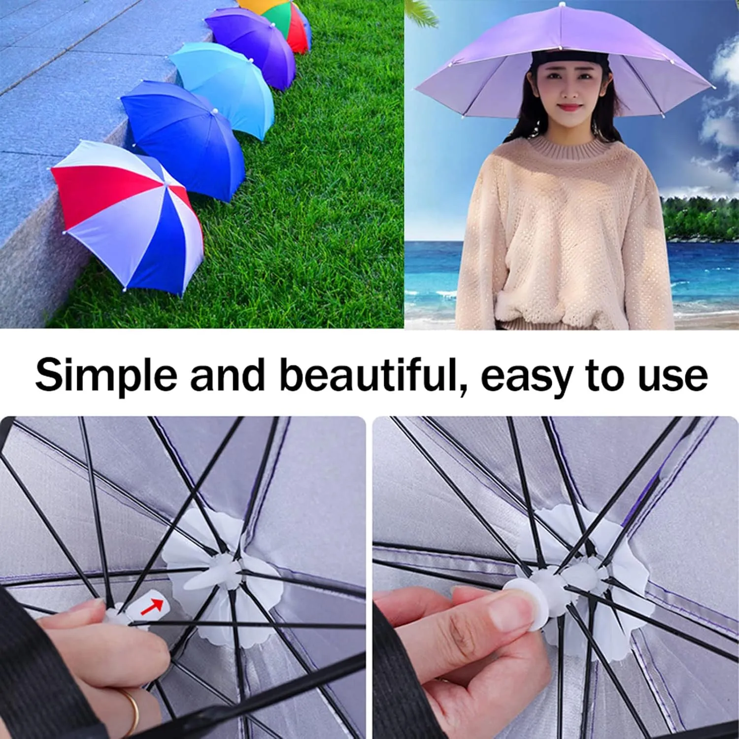 DZKJ 3 Pack Head-Mounted Fishing Umbrella Hat, Portable Folding Headwear with Elastic Bands, Sun Rain Protection Hands Free Umbrella Cap for Adult Kids Gardening Camping(Color:Pink)