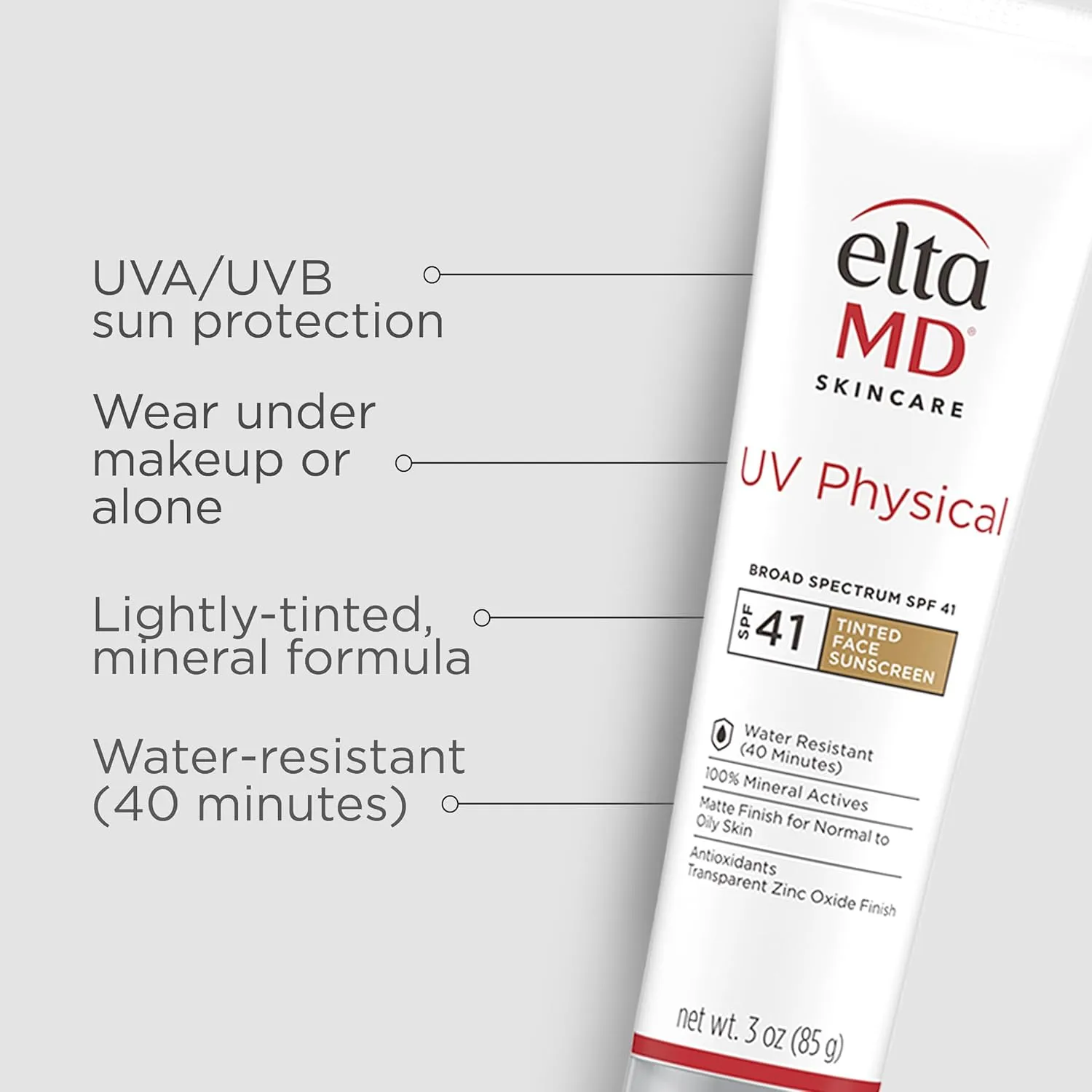 EltaMD UV Physical Tinted Sunscreen for Face, SPF 41 Tinted Sunscreen, 100% Mineral Active Sunscreen