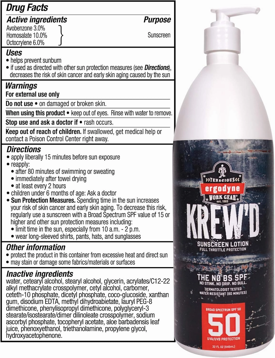 Ergodyne KREW’D 6355 Sunscreen Lotion, Broad Spectrum SPF 50, Water Resistant, 32 oz, White