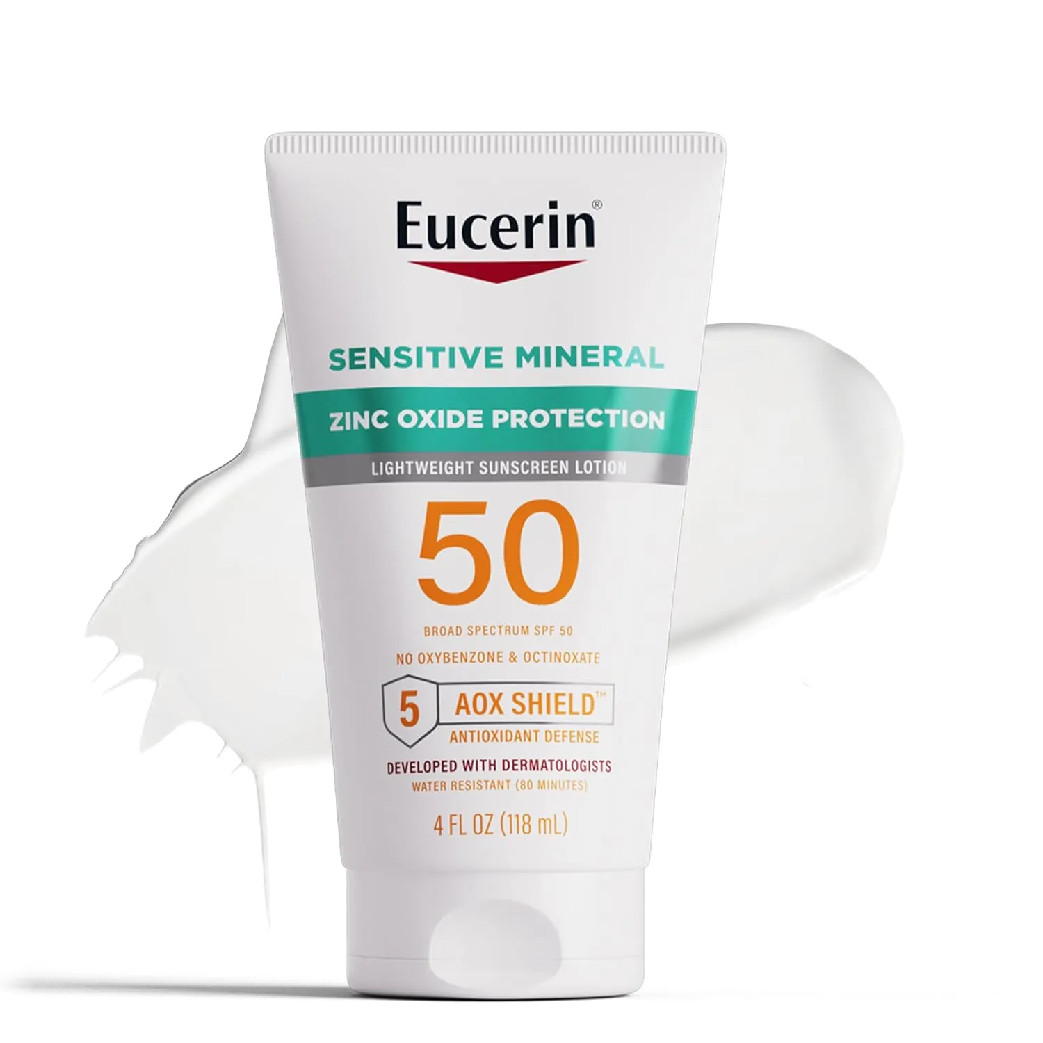 Eucerin Sun Sensitive Mineral Sunscreen Lotion SPF 50 with Zinc Oxide Protection, Hypoallergenic Sunscreen for Sensitive Skin, Oxybenzone and Octinoxate Free, 4 Fl Oz Tube
