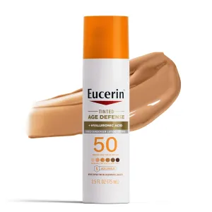 Eucerin Sun Tinted Age Defense SPF 50 Face Sunscreen Lotion with Hyaluronic Acid, Skin Care Gifts for Mom, Hypoallergenic, Non-Comedogenic, Free of Fragrance, Oxybenzone & Octinoxate, 2.5 Fl Oz Bottle