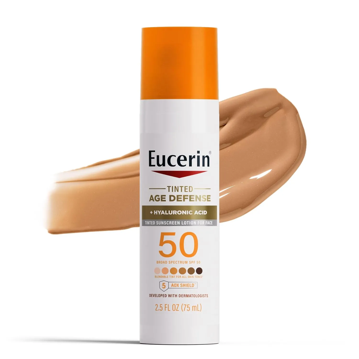 Eucerin Sun Tinted Age Defense SPF 50 Face Sunscreen Lotion with Hyaluronic Acid, Skin Care Gifts for Mom, Hypoallergenic, Non-Comedogenic, Free of Fragrance, Oxybenzone & Octinoxate, 2.5 Fl Oz Bottle