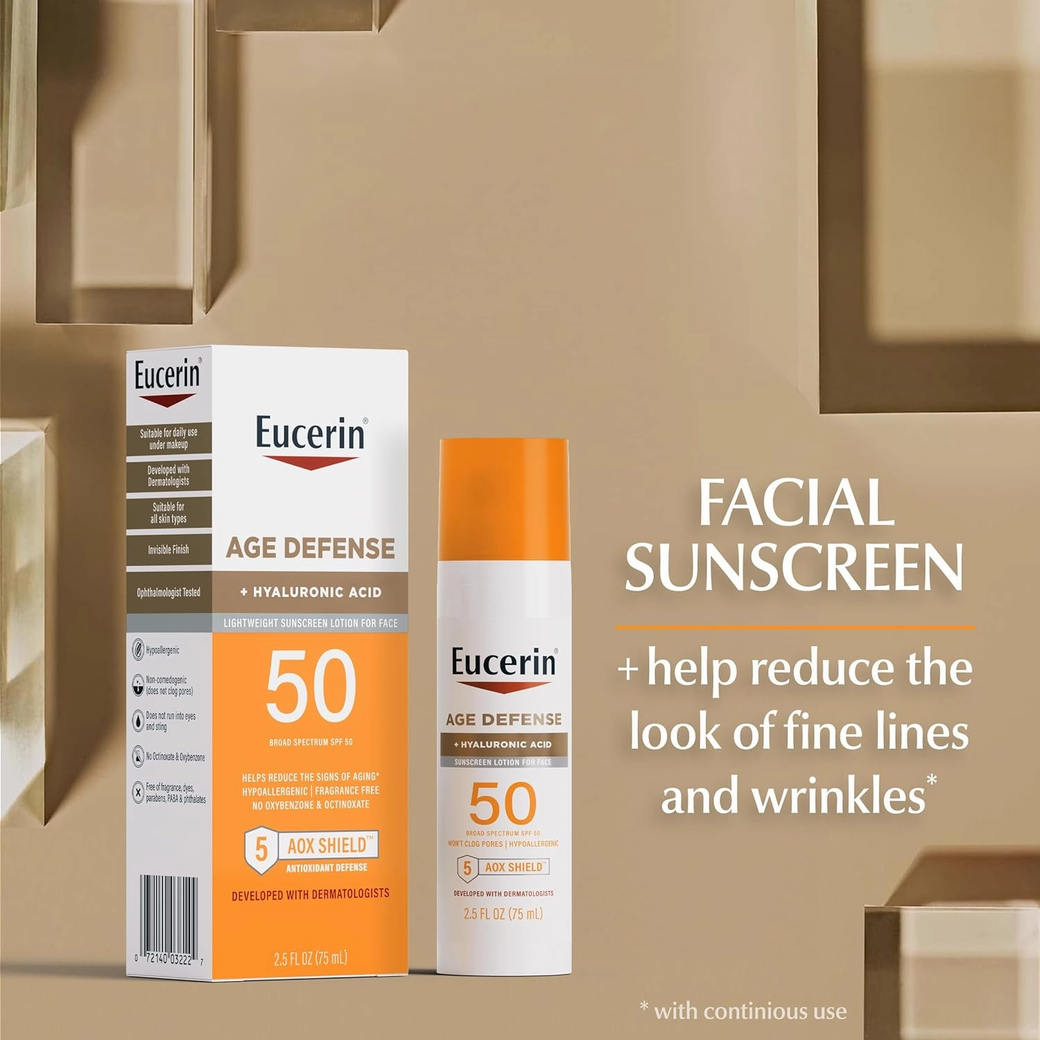 Eucerin Sun Age Defense SPF 50 Face Sunscreen Lotion, Hypoallergenic, Fragrance Free Sunscreen SPF 50 with Hyaluronic Acid, 2.5 Fl Oz Bottle