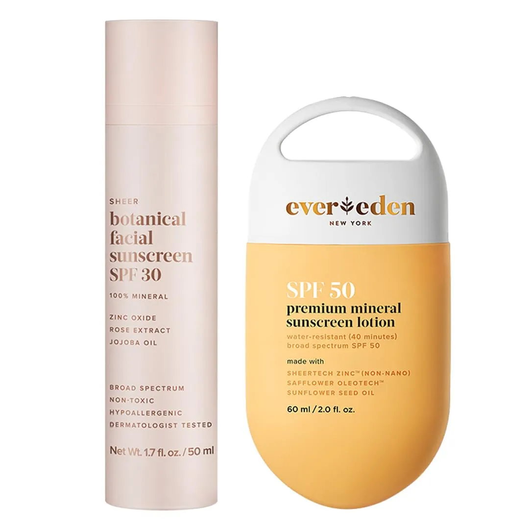 Evereden Summer Travel Set: Sheer Botanical Face Sunscreen SPF 50 & Premium Mineral Sunscreen for Toddlers to Adults - UVA/UVB Protection, Non-Toxic