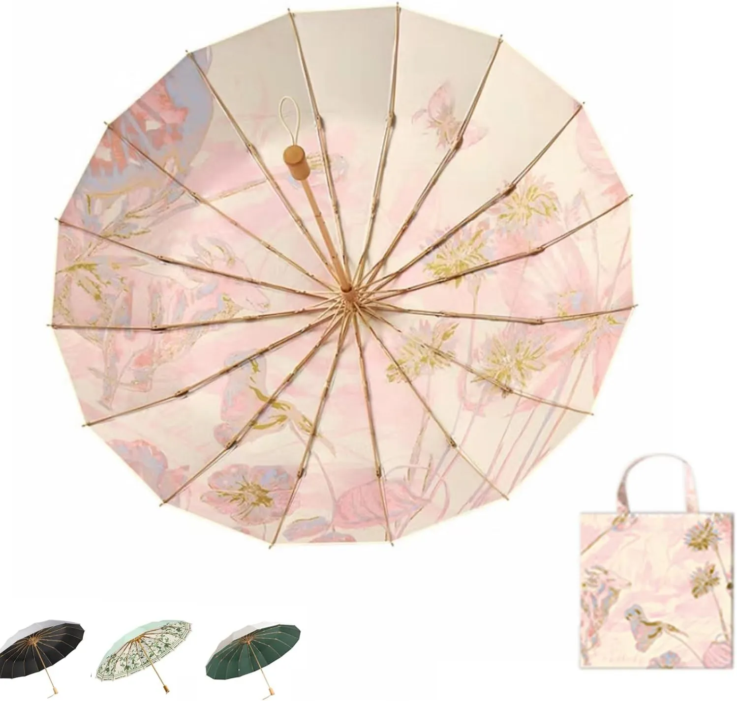 Folding umbrellas for rain and sun UPF 50  UV Protection Windproof waterproofing and Strong Travel Essentials for Men Women 16 bones Wooden Handle pink umbrella for women