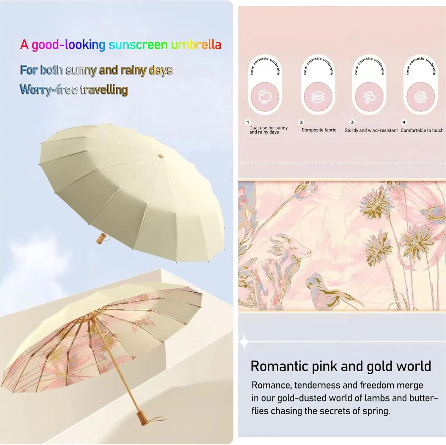 Folding umbrellas for rain and sun UPF 50  UV Protection Windproof waterproofing and Strong Travel Essentials for Men Women 16 bones Wooden Handle pink umbrella for women