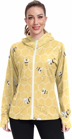 GAIGEO Yellow Flower Leaves Green Women Jacket UPF 50  Uv Clothing for Women Sun Protection, Hooded Design Thumb Holes, S