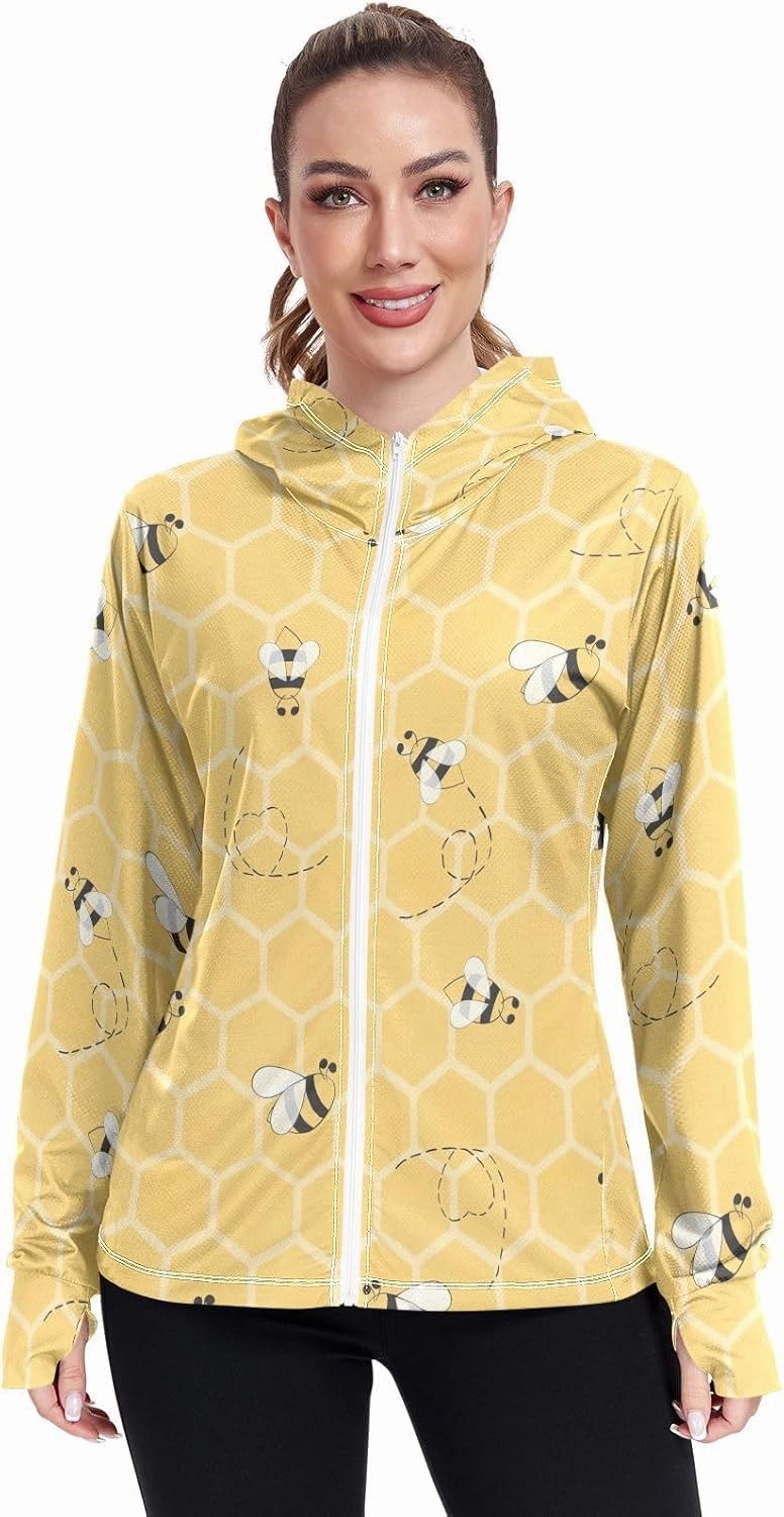 GAIGEO Yellow Flower Leaves Green Women Jacket UPF 50  Uv Clothing for Women Sun Protection, Hooded Design Thumb Holes, S