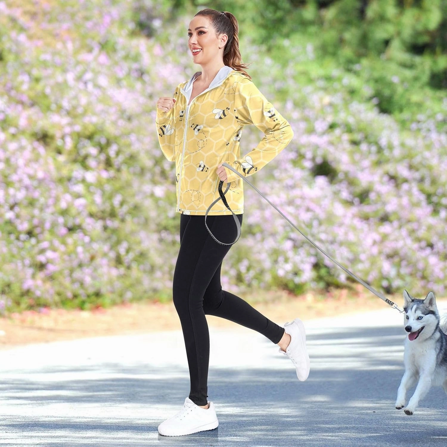 GAIGEO Yellow Flower Leaves Green Women Jacket UPF 50  Uv Clothing for Women Sun Protection, Hooded Design Thumb Holes, S