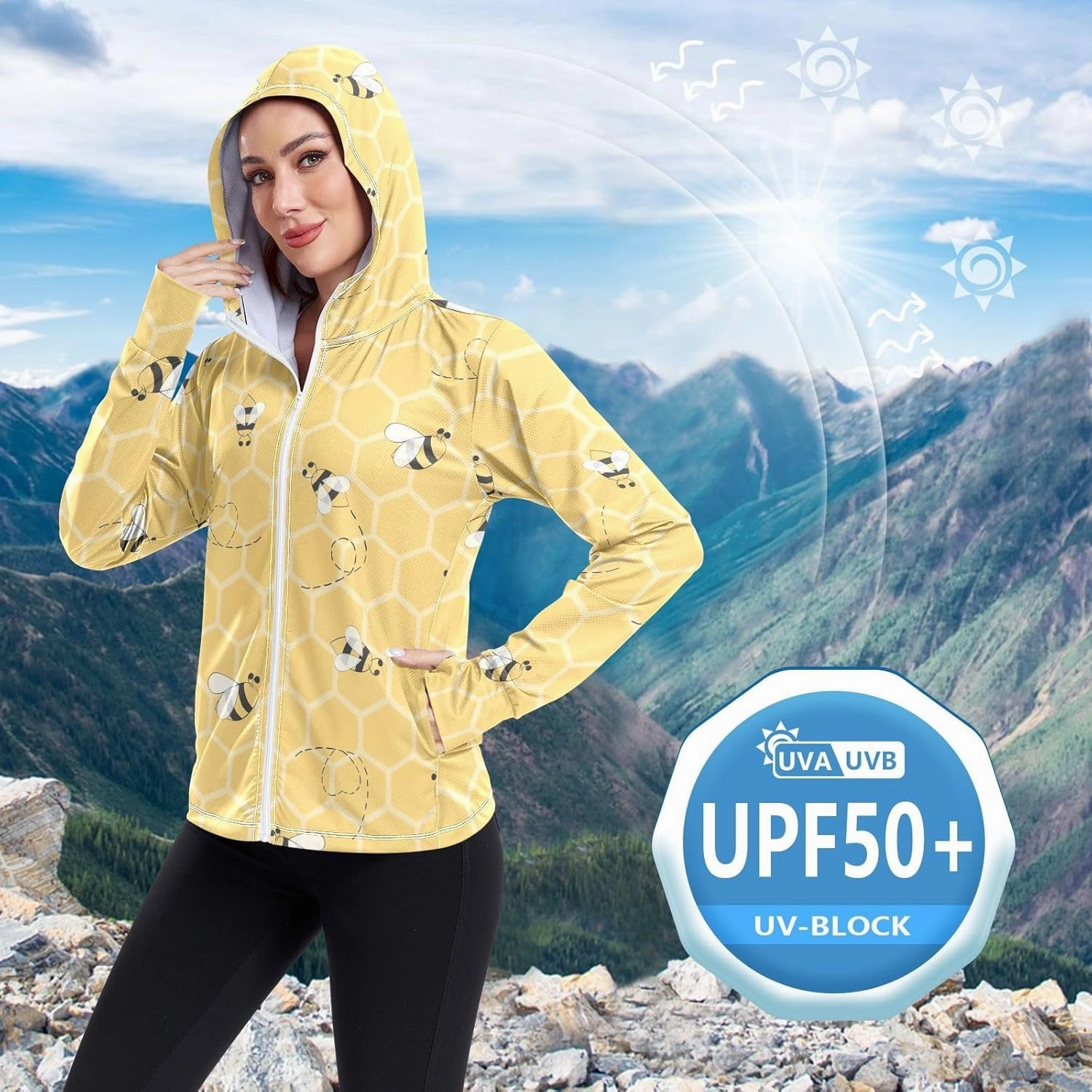 GAIGEO Yellow Flower Leaves Green Women Jacket UPF 50  Uv Clothing for Women Sun Protection, Hooded Design Thumb Holes, S