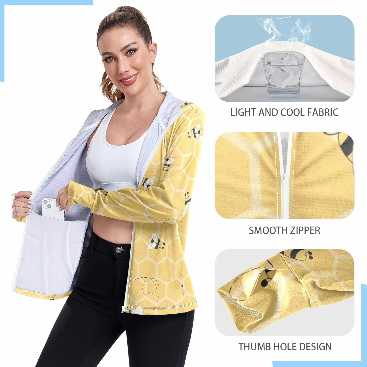 GAIGEO Yellow Flower Leaves Green Women Jacket UPF 50  Uv Clothing for Women Sun Protection, Hooded Design Thumb Holes, S