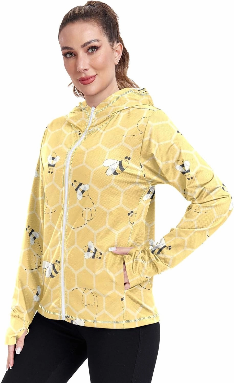 GAIGEO Yellow Flower Leaves Green Women Jacket UPF 50  Uv Clothing for Women Sun Protection, Hooded Design Thumb Holes, S