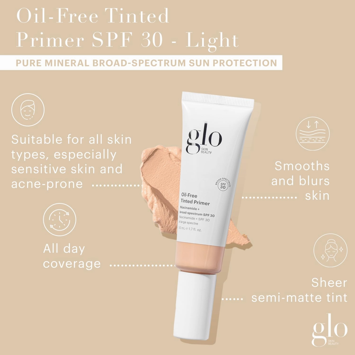 Glo Skin Beauty Oil-Free Tinted Primer SPF 30, (Light) 1.7 oz - Mineral Makeup for Face, 4-in-1 Foundation Primer, Sheer Coverage, Skincare & Sunscreen With Broad Spectrum UVA/UVB Protection
