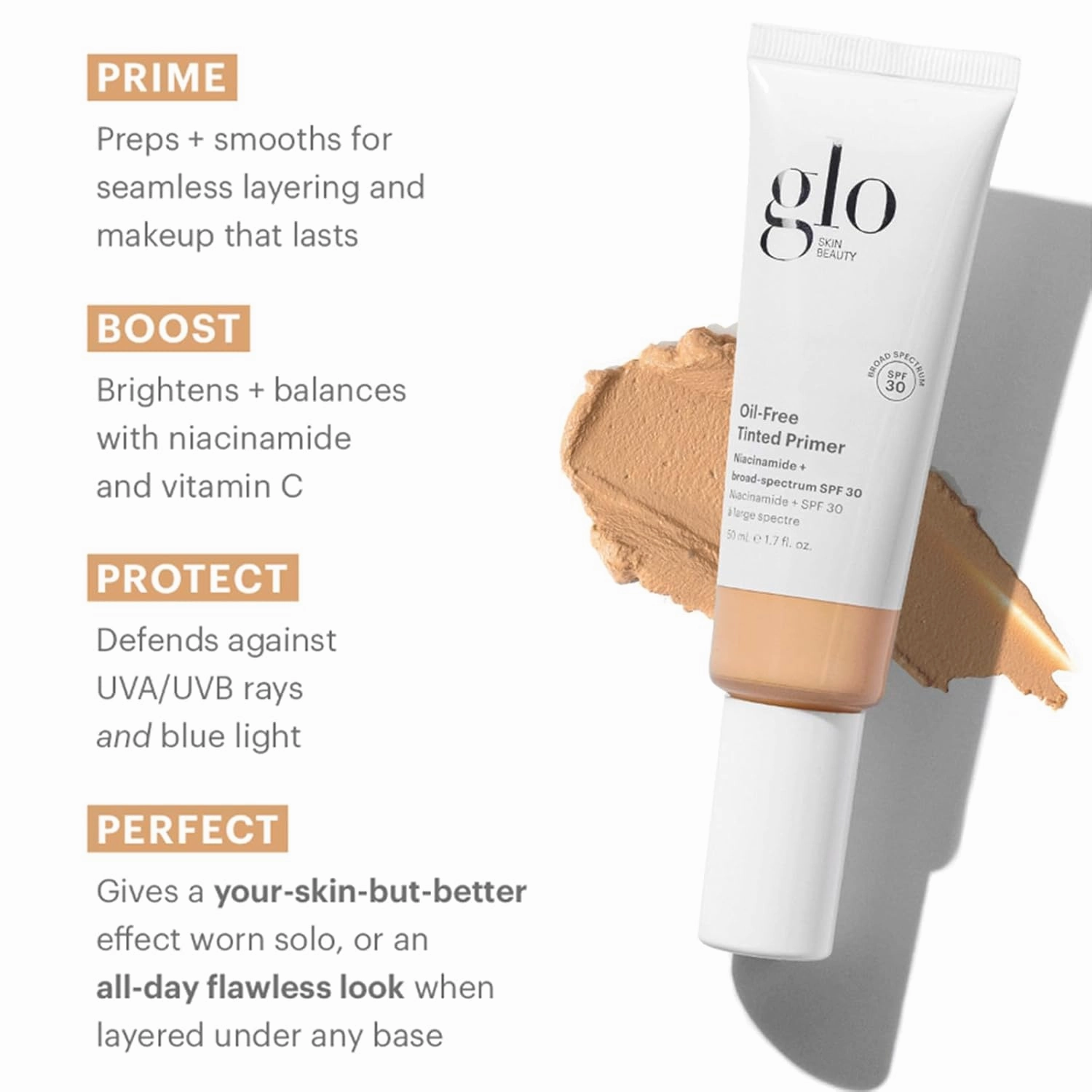 Glo Skin Beauty Oil-Free Tinted Primer SPF 30 - Mineral Makeup for Face, 4-in-1 Foundation Primer, Sheer Coverage, Skincare & Sunscreen With Broad Spectrum UVA/UVB Protection (Medium), 1.7 Fl Oz