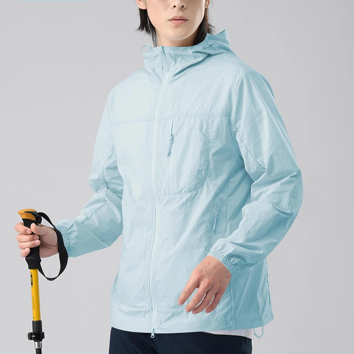 Gorgeous Unisex Solid Color UV Sunscreen Clothing Coat Lightweight Seaside Wear Hooded Zipper Long Sleeved Jacket
