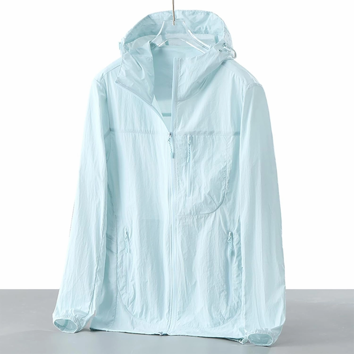 Gorgeous Unisex Solid Color UV Sunscreen Clothing Coat Lightweight Seaside Wear Hooded Zipper Long Sleeved Jacket