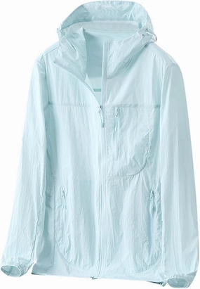 Gorgeous Unisex Solid Color UV Sunscreen Clothing Coat Lightweight Seaside Wear Hooded Zipper Long Sleeved Jacket