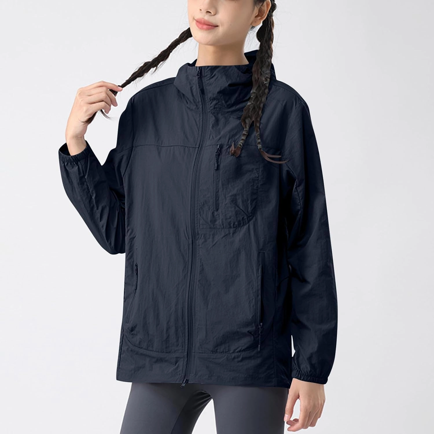 Gorgeous Unisex Solid Color UV Sunscreen Clothing Coat Lightweight Seaside Wear Hooded Zipper Long Sleeved Jacket