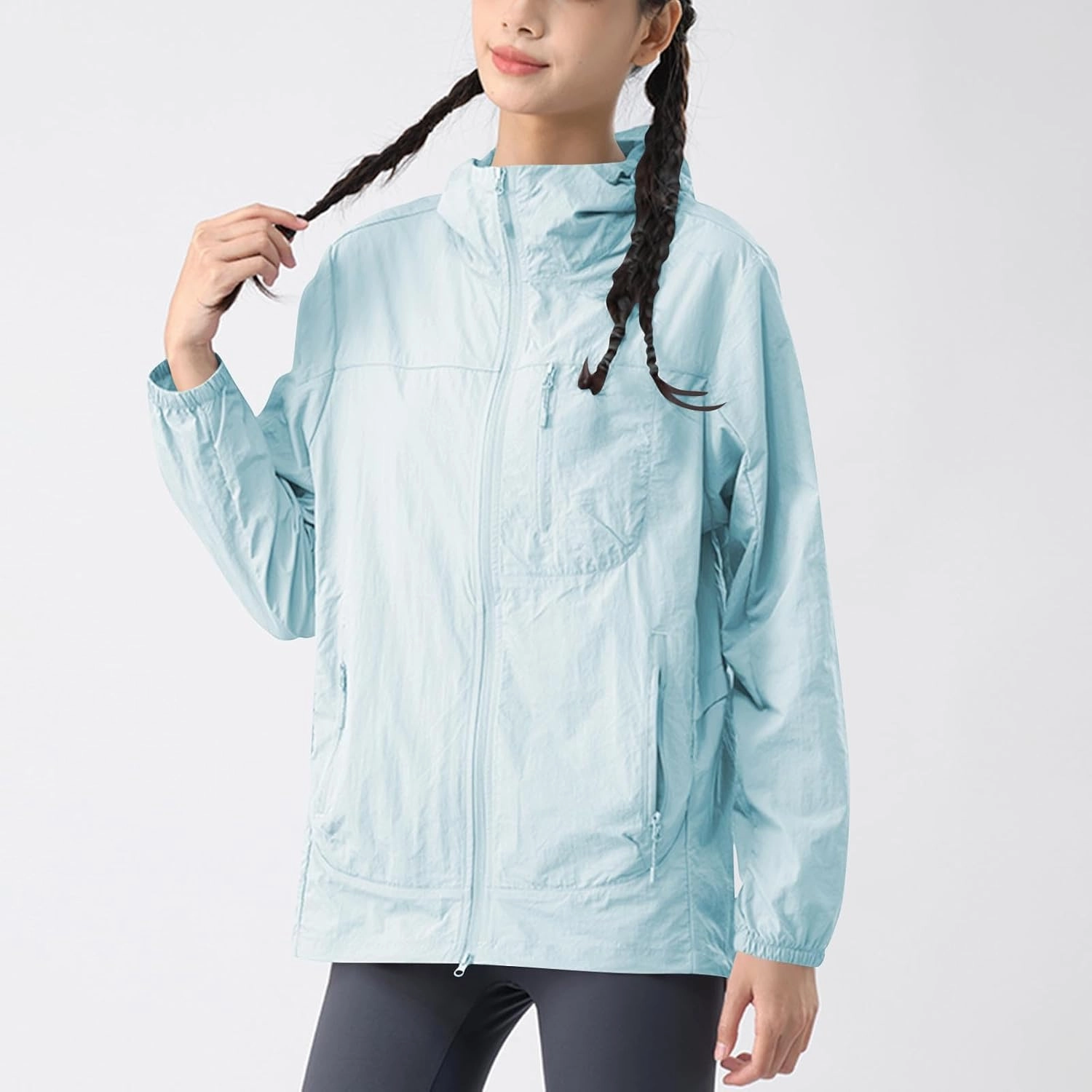 Gorgeous Unisex Solid Color UV Sunscreen Clothing Coat Lightweight Seaside Wear Hooded Zipper Long Sleeved Jacket