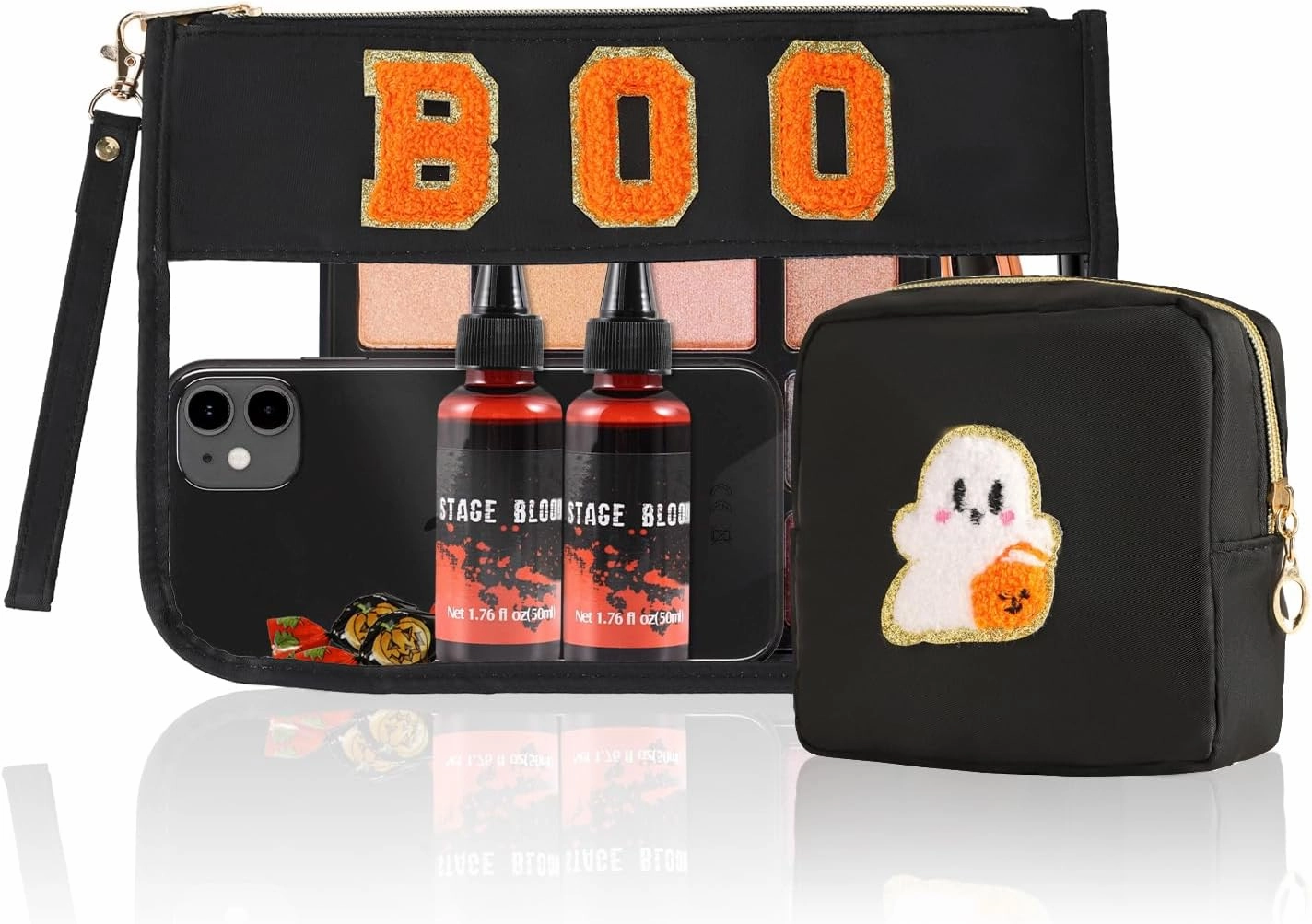 Halloween 2 Pcs spooky Cosmetic bag Snack Bag ，Clear Zipper Letter Travel Toiletry Bag Storage Bag coin purse for Girls，halloween pouch Makeup Bag Purse Waterproof Travel Bag Themed Gifts for Women