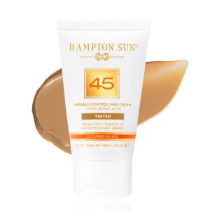 Hampton Sun SPF 45 Tinted Wrinkle Control Face Cream. Daily Moisturizer   Sunscreen. Light, Blendable Coverage. Dewy, Glowy Finish. Hyaluronic Acid   Organic Cucumber Extract Plumps   Brightens