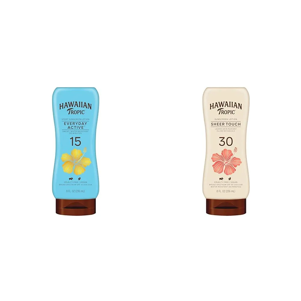 Hawaiian Tropic Everyday Active Lotion Sunscreen SPF 15 & Sheer Touch Ultra Radiance Lotion Sunscreen SPF 30 Bundle, 8oz Each
