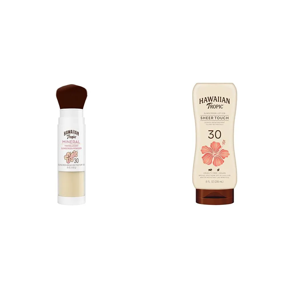 Hawaiian Tropic Mineral Powder Sunscreen Brush, SPF 30 for Face & Sheer Touch Lotion | Broad Spectrum Protection, Brush On Translucent, 8oz